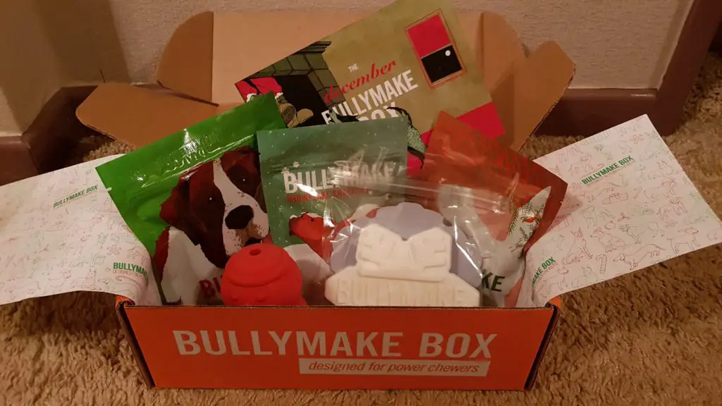 A Bullymake Box filled with dog goodies